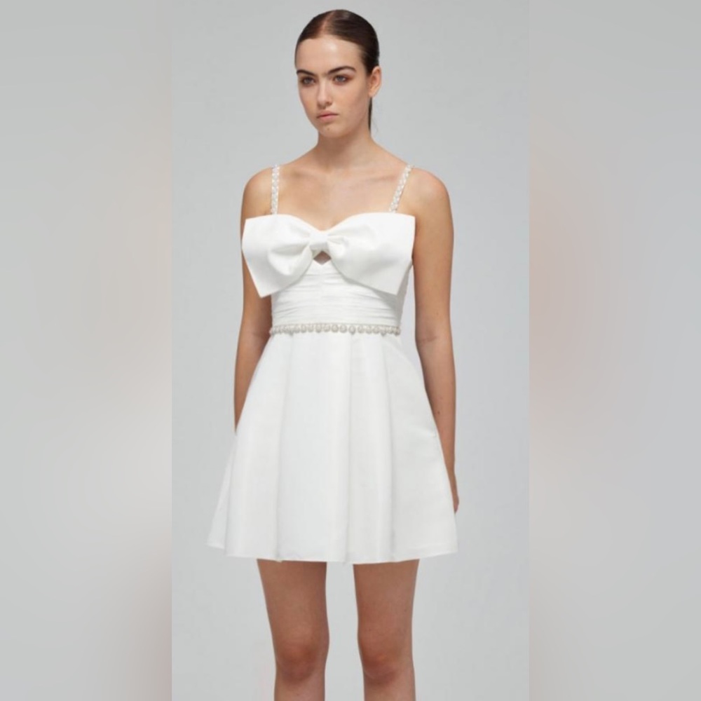 SELF-PORTRAIT Bow Pearl and Crystal embellished taffeta mini dress